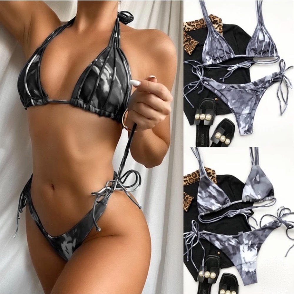 Black Tie Dye String Tie Bikini Set